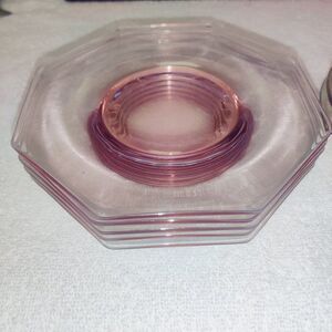 1930 Flamingo Glass Plates Set of 5 with 2 Round Rainbow Saucers-7 pieces